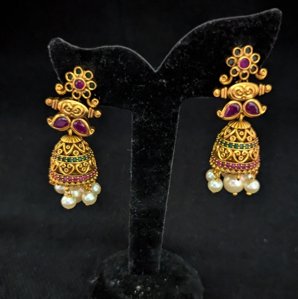 Gold Tone Pink And Green Rhinestone Faux Pearl Jhumka Dangle Statement Earrings